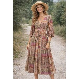 ZARA Womens Dress XL Patchwork Paisley Prairie Peasant Boho Maxi Blogger Fave